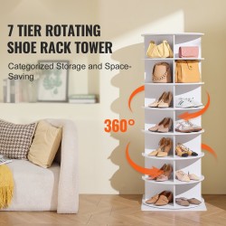 Pyörivä kenkäteline PVC-puumuovilevy 7 tasoa 28 paria valkoinen