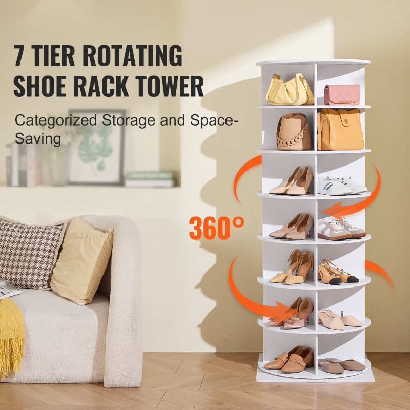 Pyörivä kenkäteline PVC-puumuovilevy 7 tasoa 28 paria valkoinen