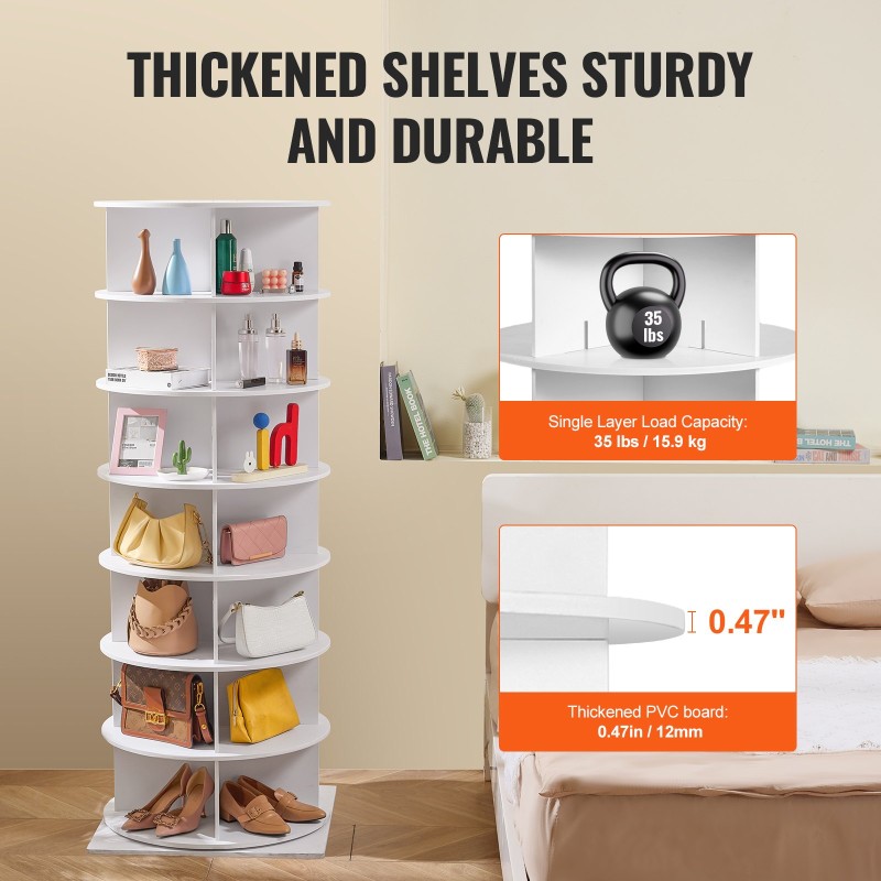 Pyörivä kenkäteline PVC-puumuovilevy 7 tasoa 28 paria valkoinen