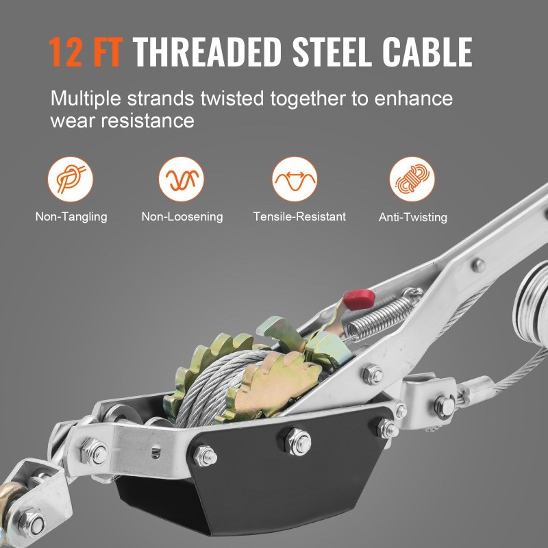 Käsitalja teräsvaijerilla 2 t 3,7 m kaksoisvaihteella pitkällä kahvalla