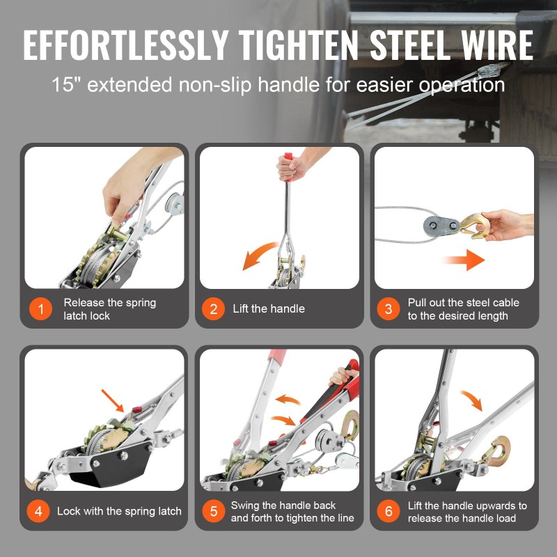 Käsitalja teräsvaijerilla 2 t 3,7 m kaksoisvaihteella pitkällä kahvalla