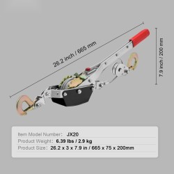 Käsitalja teräsvaijerilla 2 t 3,7 m kaksoisvaihteella pitkällä kahvalla