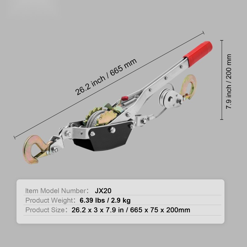 Käsitalja teräsvaijerilla 2 t 3,7 m kaksoisvaihteella pitkällä kahvalla