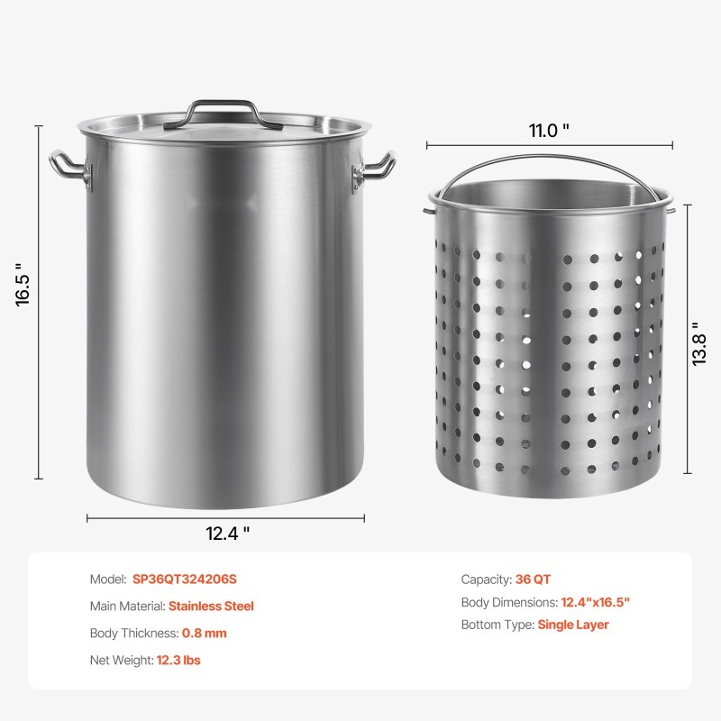 Keittokattila 34 litraa ruostumatonta terästä irrotettava kori kansi 0,8 millimetriä paksu pohja