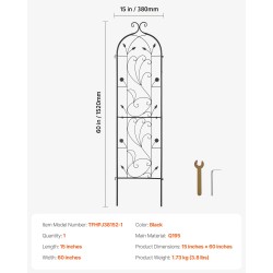 Metallinen köynnöstuki kolmekymmentäkahdeksan senttimetriä leveä satakolmekymmentäkaksi senttimetriä korkea musta kiipeileville