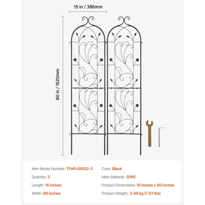 Metallinen köynnöstuki 2 kpl 152 x 38 cm jauhemaalattu musta puutarhaan