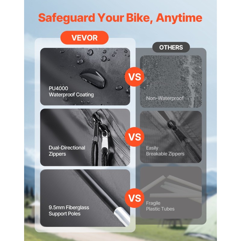 Pyöräteltta oxfordkangas lasikuitukaaret 5+ polkupyörälle PU4000 mm ilmanvaihtoikkunalla