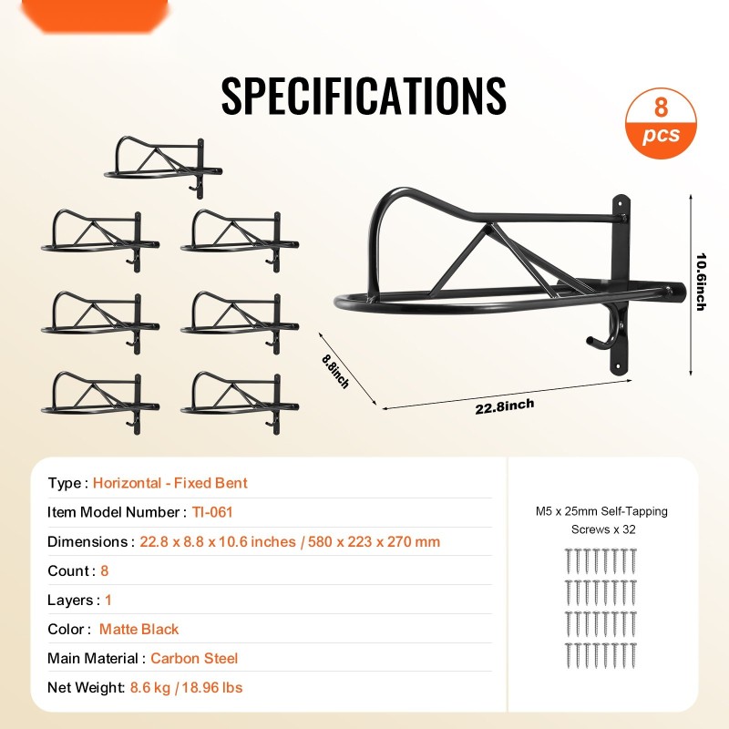 Seinään asennettava hiiliteräksinen satulateline 8-osainen mattamusta