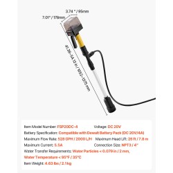 Johdoton uppopumppu alumiiniputkella 2000 l/h 7,8 m nostokorkeus 20V-akulle yhteensopiva