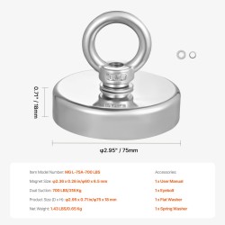 Neodyymikalastusmagneetti 318 kilogramman vetovoima ruostesuojattu läpimitta 75 millimetriä magnettikalastukseen
