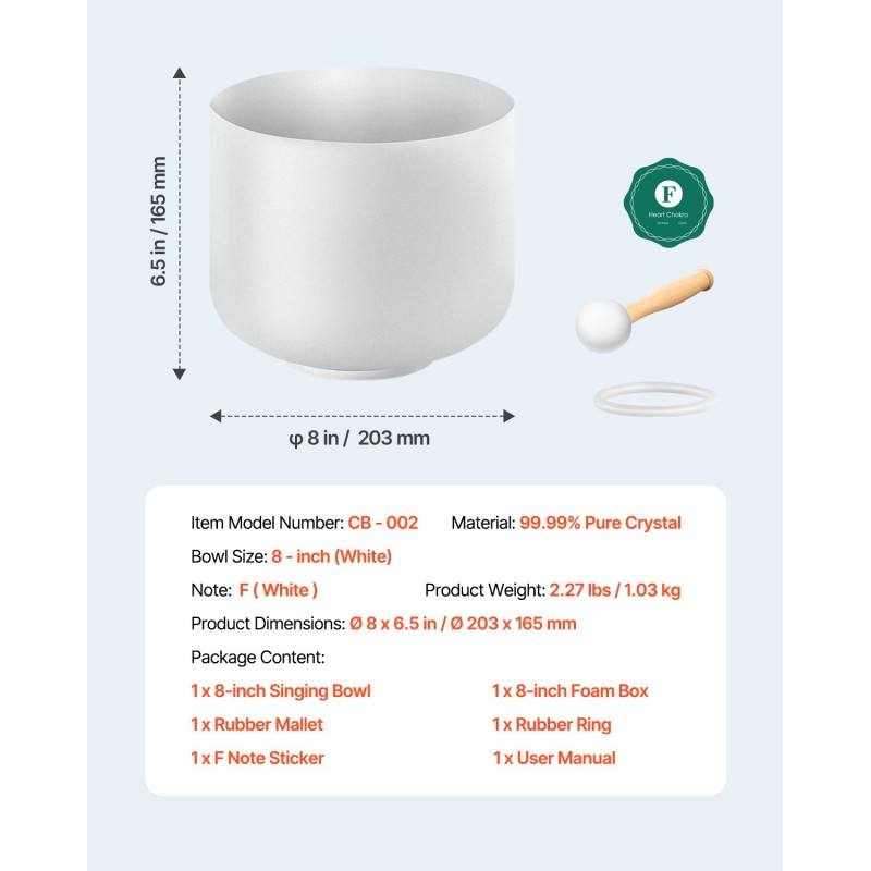Kristalliäänimalja 8-tuumainen 99,99-prosenttinen F-nuottiin viritetty sydänchakran tasapainoon