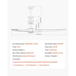 Kattotuuletin 72-tuumainen 3-lapainen puulavoilla kattoon asennettava käännettävä DC-moottori 6-nopeuksinen kaukosäädin