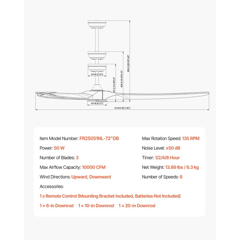 Kattotuuletin 72-tuumainen 3-lapainen puulavoilla kattoon asennettava käännettävä DC-moottori 6-nopeuksinen kaukosäädin