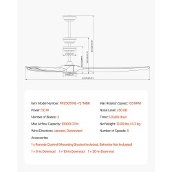 Kattotuuletin 72-tuumainen 3-lapainen puulavat matalaprofiilinen musta käännettävä DC-moottori