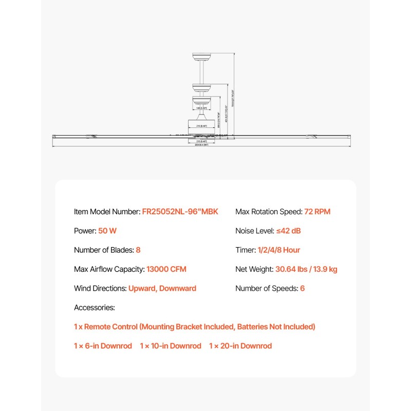 Kattotuuletin 244 cm 8 alumiinilapaa käännettävä tasavirtamoottori musta