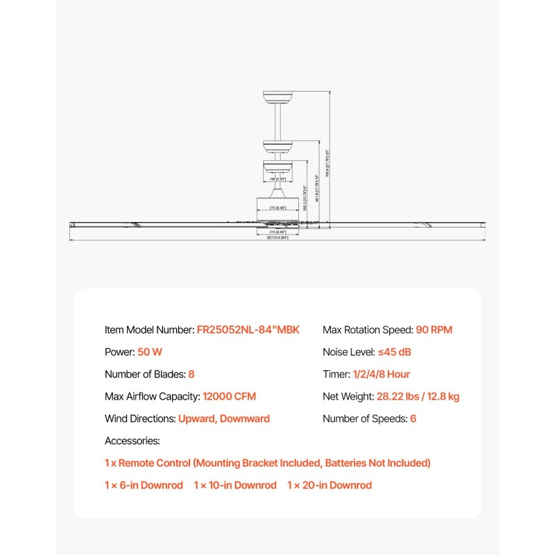 Kattotuuletin 213 cm alumiinilavoilla 8 lapaa sisä- ja ulkokäyttöön käännettävä DC-moottori