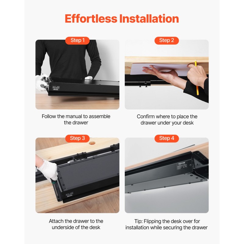 Pöydän alle asennettava teräs ja MDF vetolaatikko 680 mm yksitasoinen musta