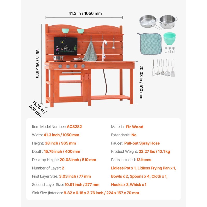 Ulkoleikkikeittiö puinen lapsille kuusipuusta koko 105×40×96,5 cm