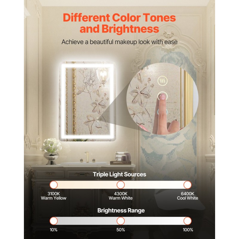 LED-kylpyhuonepeili 50 x 70 cm epoksihartsi alumiinitausta portaaton himmennys 3 värilämpötilaa huurteenesto