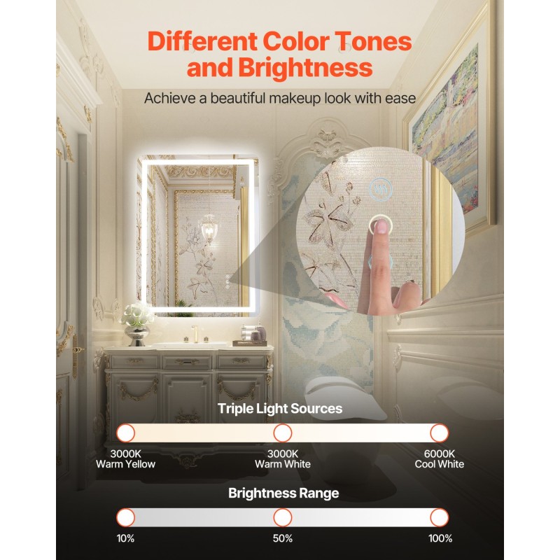 LED-kylpyhuonepeili A100 600 x 800 mm epoksihartsipinnoite alumiinitaustapaneeli portaaton himmennys