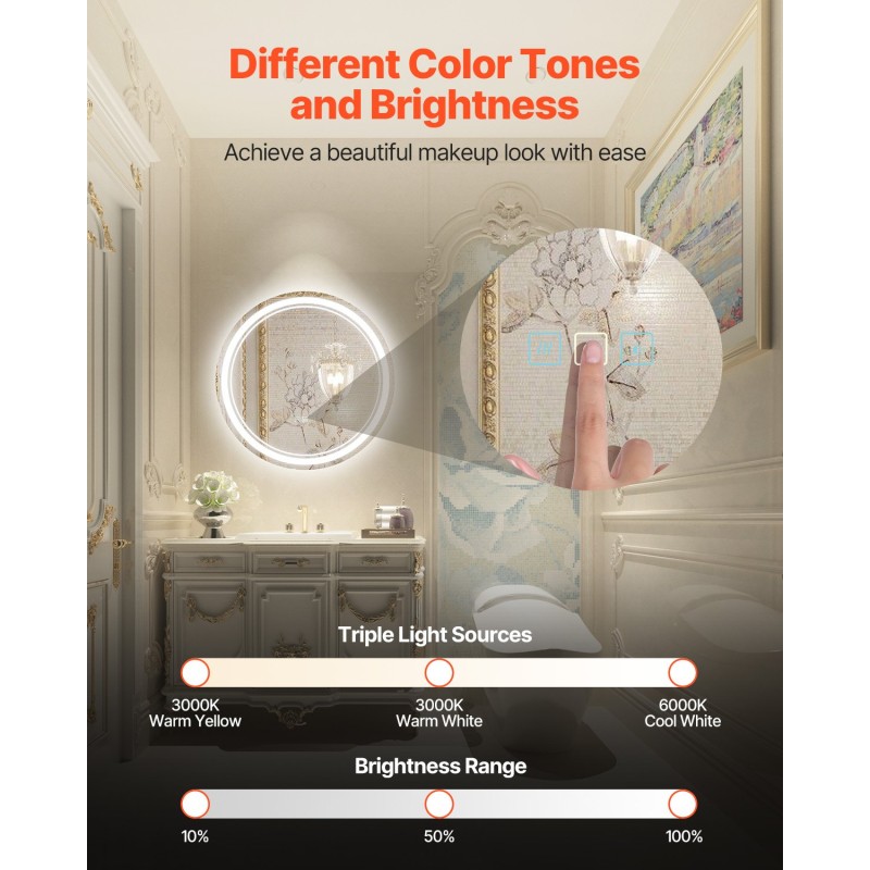 Seinään asennettava pyöreä LED-kylpyhuonepeili 60 cm portaattomasti himmennettävä 3 värilämpötilaa huurteenesto