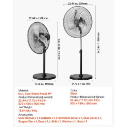 Teollinen jalustatuuletin 20 tuumaa metallirunko korkeussäädettävä 90 asteen oskillointi 3 nopeutta
