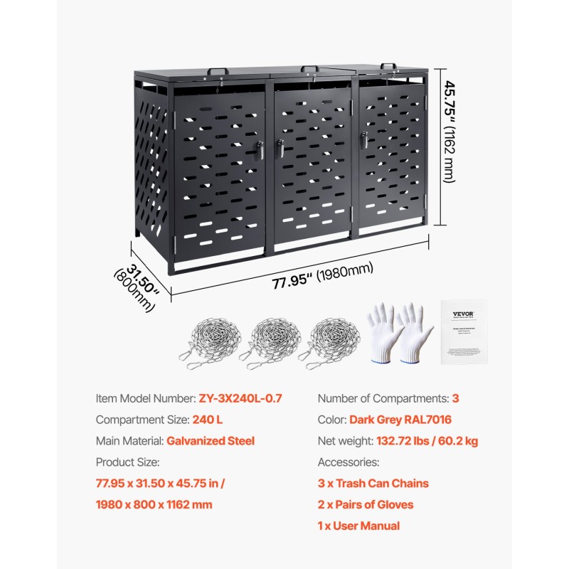 Metallinen roska-astioiden säilytyskaappi ulkokäyttöön 3 astiaa 240 l galvanoitu teräs tummanharmaa