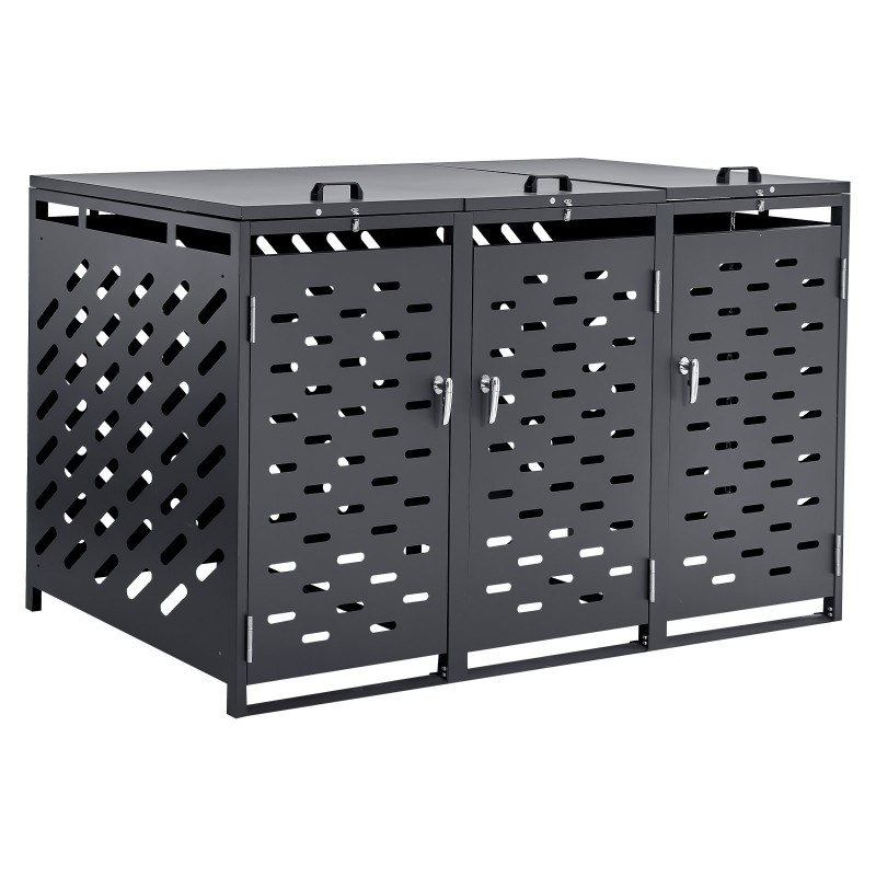 Metallinen roska-astioiden säilytyskaappi ulkokäyttöön 3 astiaa 240 l galvanoitu teräs tummanharmaa