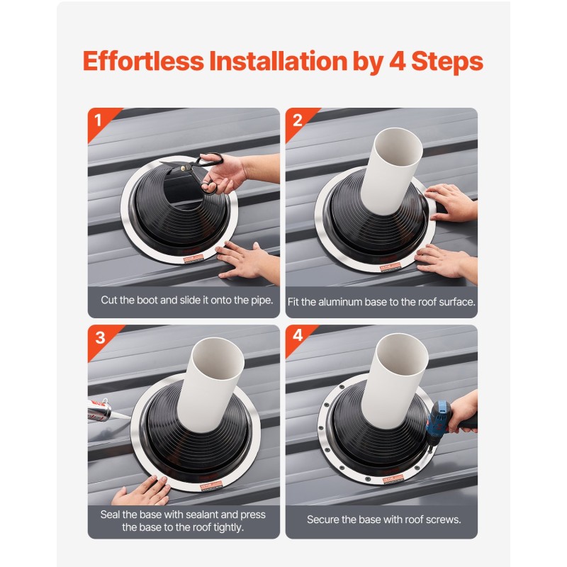Kattoläpivientitiivisteet 2 kappaleen putkille 150–280 mm säänkestävä kumiosa joustava alumiinipohja