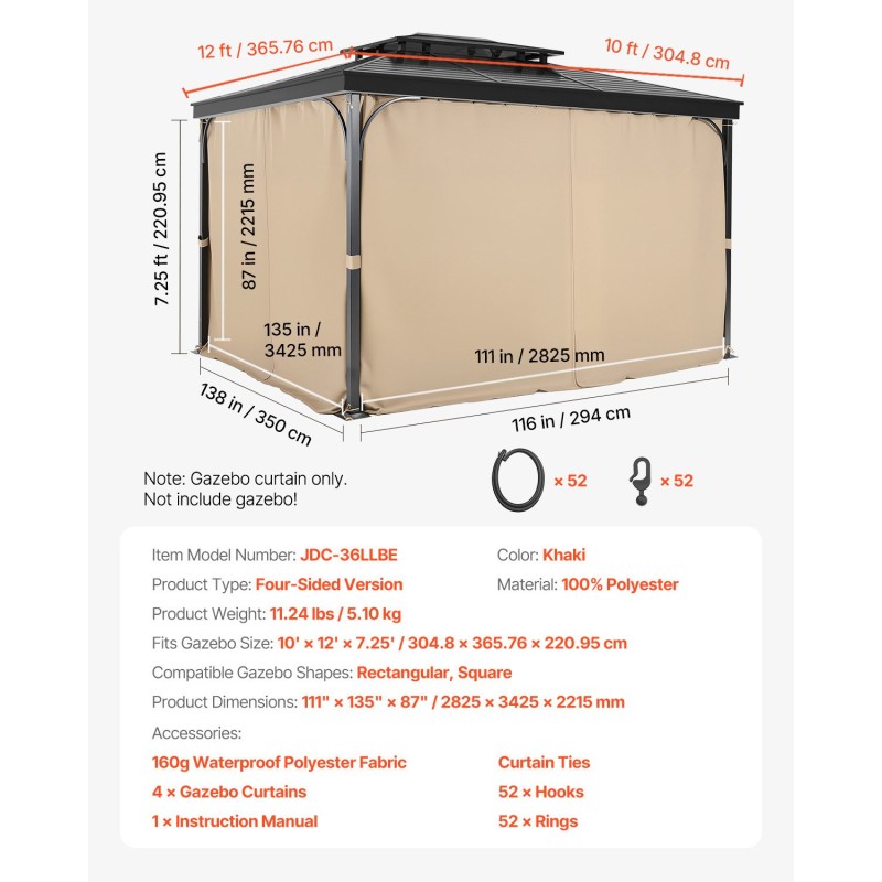 Paviljongin sivuverhosarja 4-paneelinen vedenpitävä 100% polyesteri khaki 282,5x342,5x221,5cm