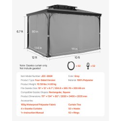 Paviljongin sivuverhot 100 % polyesteri 160gsm 283x340x203 cm harmaa 4 paneelia ulkokäyttöön