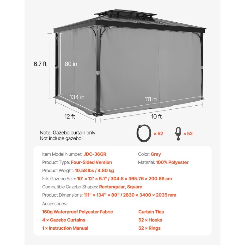 Paviljongin sivuverhot 100 % polyesteri 160gsm 283x340x203 cm harmaa 4 paneelia ulkokäyttöön