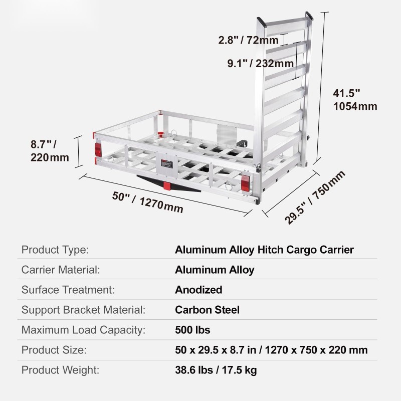 Vetokoukkuun kiinnitettävä alumiininen kuljetusteline taittuvalla rampilla 2 tuuman vastaanottimeen