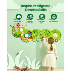 Seinälle kiinnitettävä MDF-levyinen toukkateemainen puuhataulu 12 aktiviteettia 3–12-vuotiaille