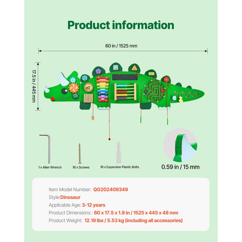 Seinäaktiviteettipaneeli MDF-rakenteinen 1525 x 445 mm dinosaurusaiheinen 11 aktiviteettia 3–12-vuotiaille