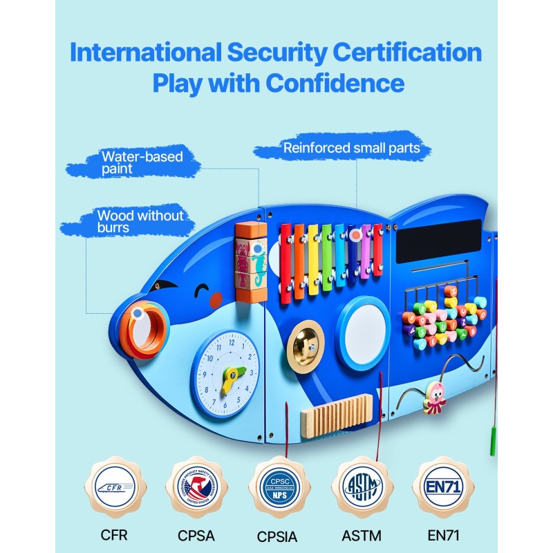 Seinälle kiinnitettävä puuhapaneeli 12 aktiviteettia 3–12-vuotiaille