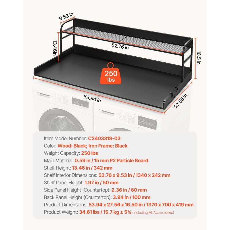 Pesukoneen ja kuivausrummun päälle työtaso 15 mm P2-lastulevy 1370 x 700 mm