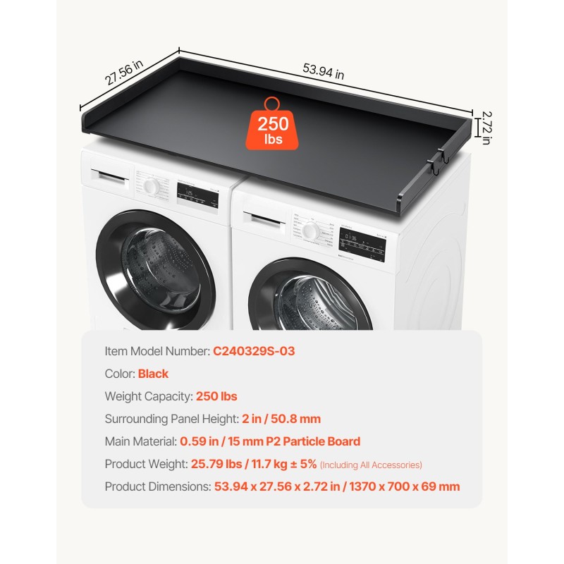 Työtaso pesukoneen ja kuivausrummun päälle 15 mm P2-lastulevy musta 1370x700 mm