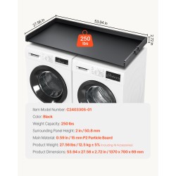 Työtaso pyykinpesukoneen ja kuivausrummun päälle 15 mm lastulevy 1370×700 mm musta