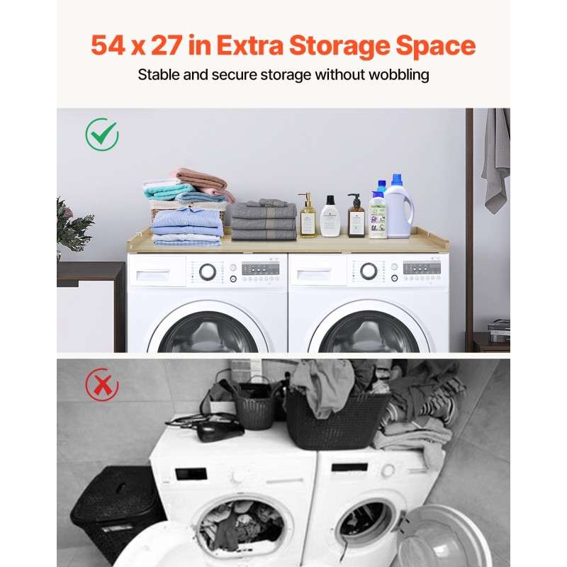 Työtaso pesukoneen ja kuivausrummun päälle 1370x700mm 15mm P2-lastulevy tammi