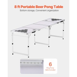 Taitettava beer pong -pöytä MDF-melamiinipinnoite 240x60 cm 6 palloa