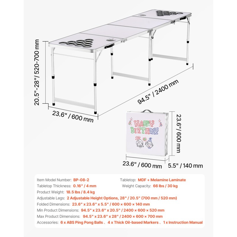Taitettava beer pong -pöytä MDF-melamiinipinnoite 240x60 cm 6 palloa