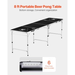 Taittuva beer pong -pöytä 8 ft MDF-melamiinipinnoite säädettävä korkeus 6 palloa