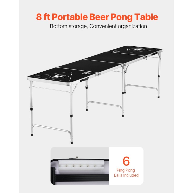 Taittuva beer pong -pöytä 8 ft MDF-melamiinipinnoite säädettävä korkeus 6 palloa
