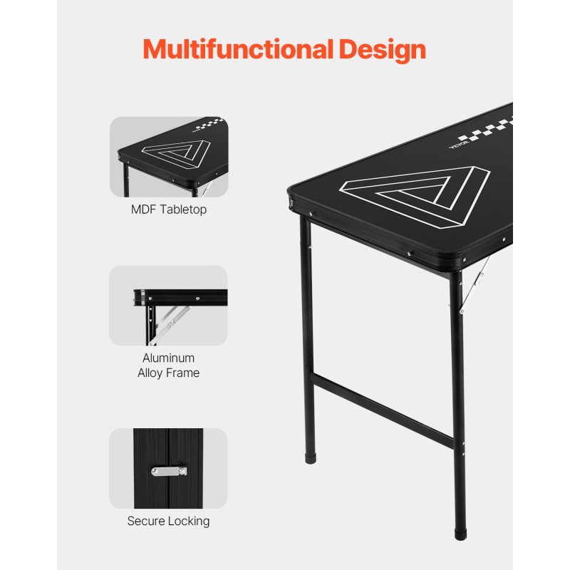 Taitettava 240 cm olutpongin pöytä MDF-melamiinipintainen sisältää 6 pingispalloa kantavuus 30 kg
