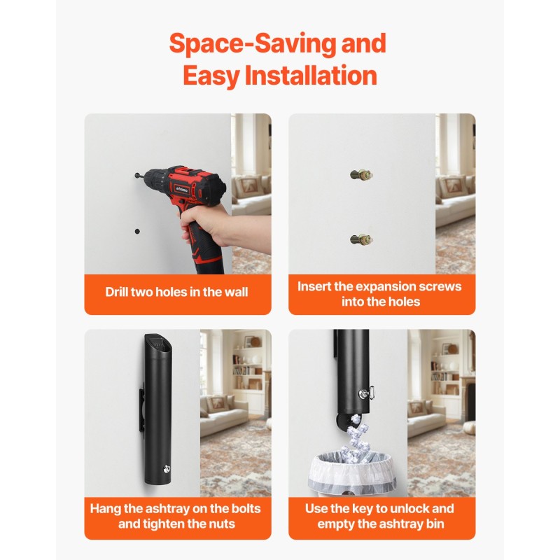 Seinään kiinnitettävä tumpinkeräin ruostumatonta terästä ja alumiinia musta ulkokäyttöön lukolla