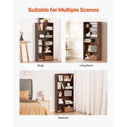 Kapea 5-tasoinen kirjahylly E1-luokan lastulevy korkeus 134,5 cm korkeussäädettävät hyllyt