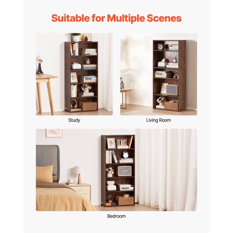 Kapea 5-tasoinen kirjahylly E1-luokan lastulevy korkeus 134,5 cm korkeussäädettävät hyllyt