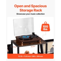 Kolmitasoinen levysoitintaso metallirungolla puisilla hyllyillä kangaslaukulla