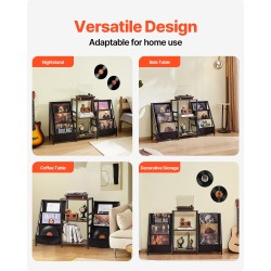 Kolmitasoinen levysoitintaso metallirungolla puisilla hyllyillä kangaslaukulla